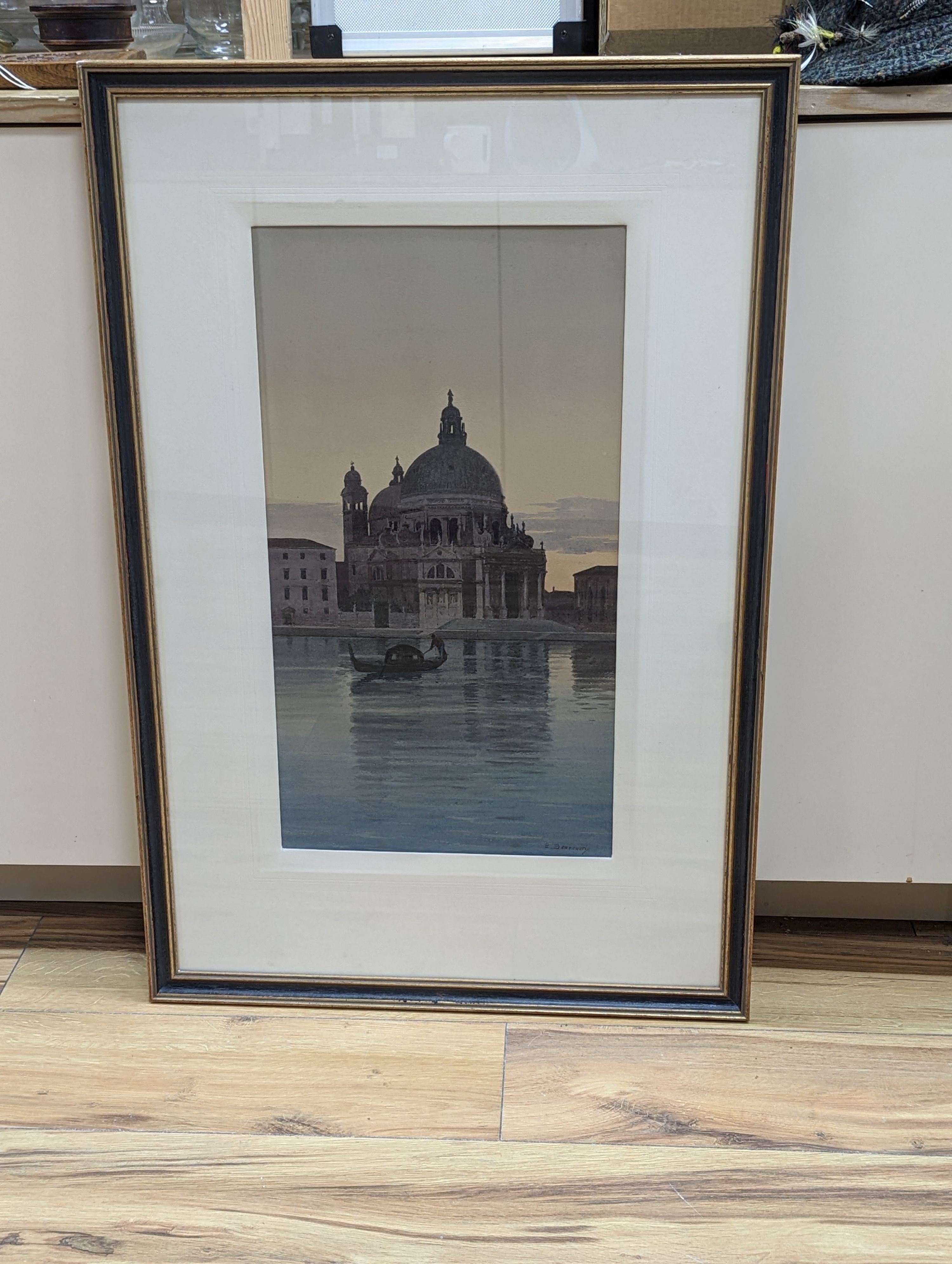 Eugenio Benvenuti (1851-1959) watercolour, Gondolier with Venice beyond, signed, 53 x 29cm